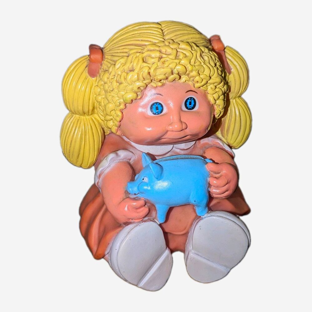 Cabbage Patch Kids Girl Holding Blue Pig Piggy Bank Collectible No Cork See Pics